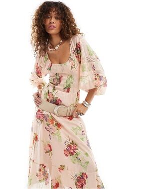 Free People Pink Floral Boho Puff-Sleeve Maxi Dress Sz L NWT